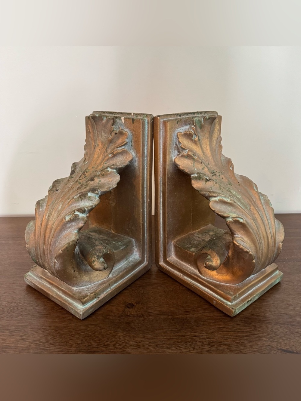 Vintage Large Brushed Bronze Gold Acanthus Leaves Bookends Heavy